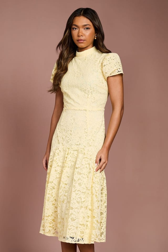 Coast Coast Women's Lace Frill Sleeve High Neck Midi Dress in Yellow - 2