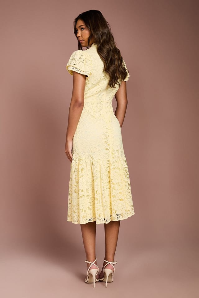 Coast Coast Women's Lace Frill Sleeve High Neck Midi Dress in Yellow - 3