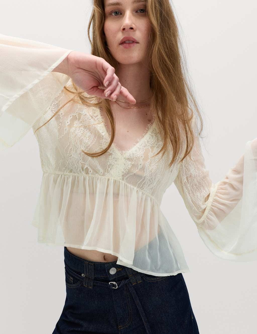 Marks & Spencer M&S V-Neck Lace Flute Sleeve Top Ivory - 1