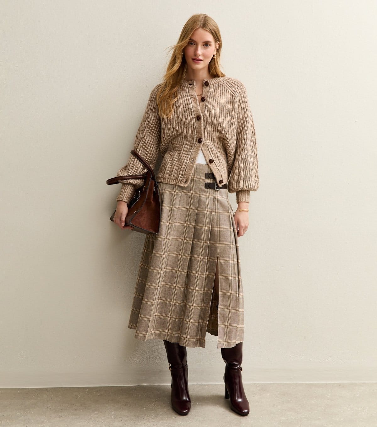New Look Brown Checked Midi Skirt