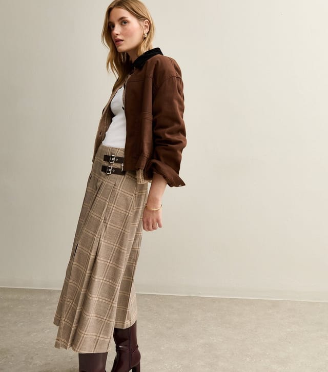 New Look Women's Brown Checked Buckle Trim Midi Skirt New Look - 2