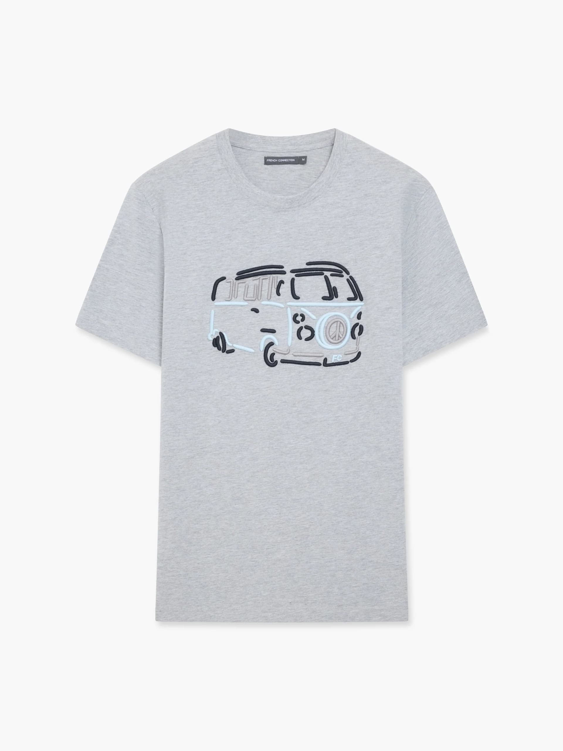 French Connection Camper Van Embroidered T-Shirt Light Grey Melange