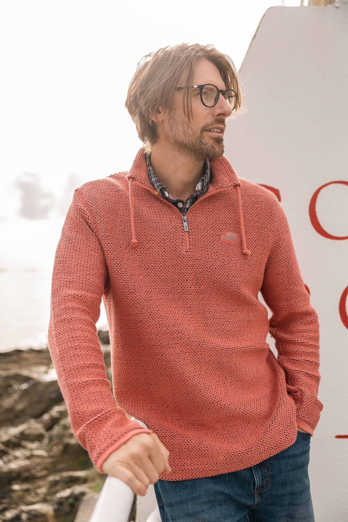 Weird Fish Weird Fish Men's Cruiser 1/4 Zip Macaroni Sweatshirt in Light Red