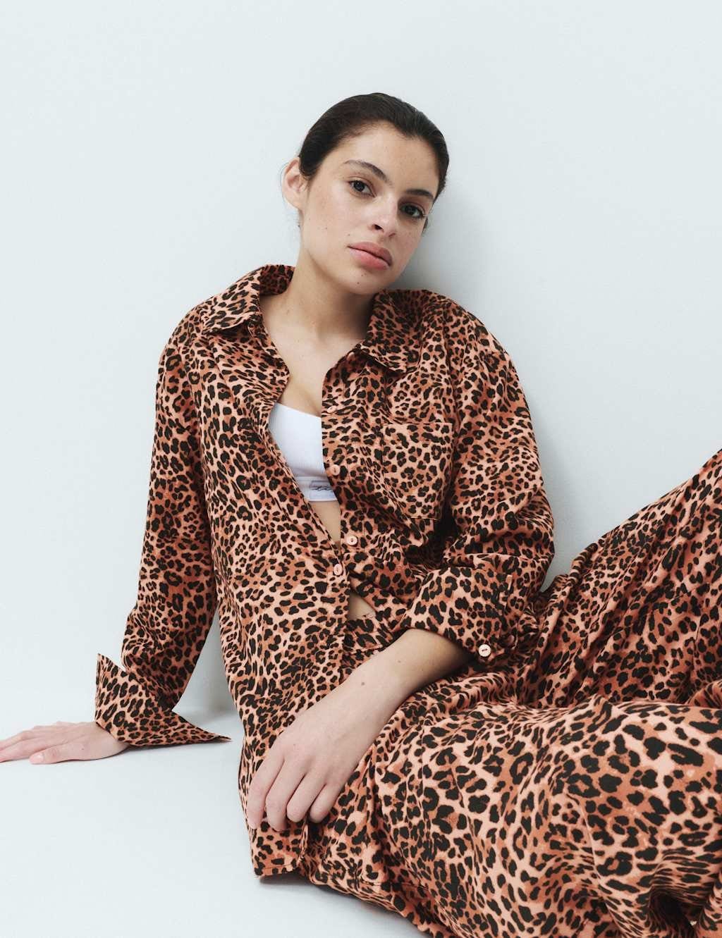 Marks & Spencer M&S Pure Cotton Animal Print Pyjama Top Brown Mix - 1