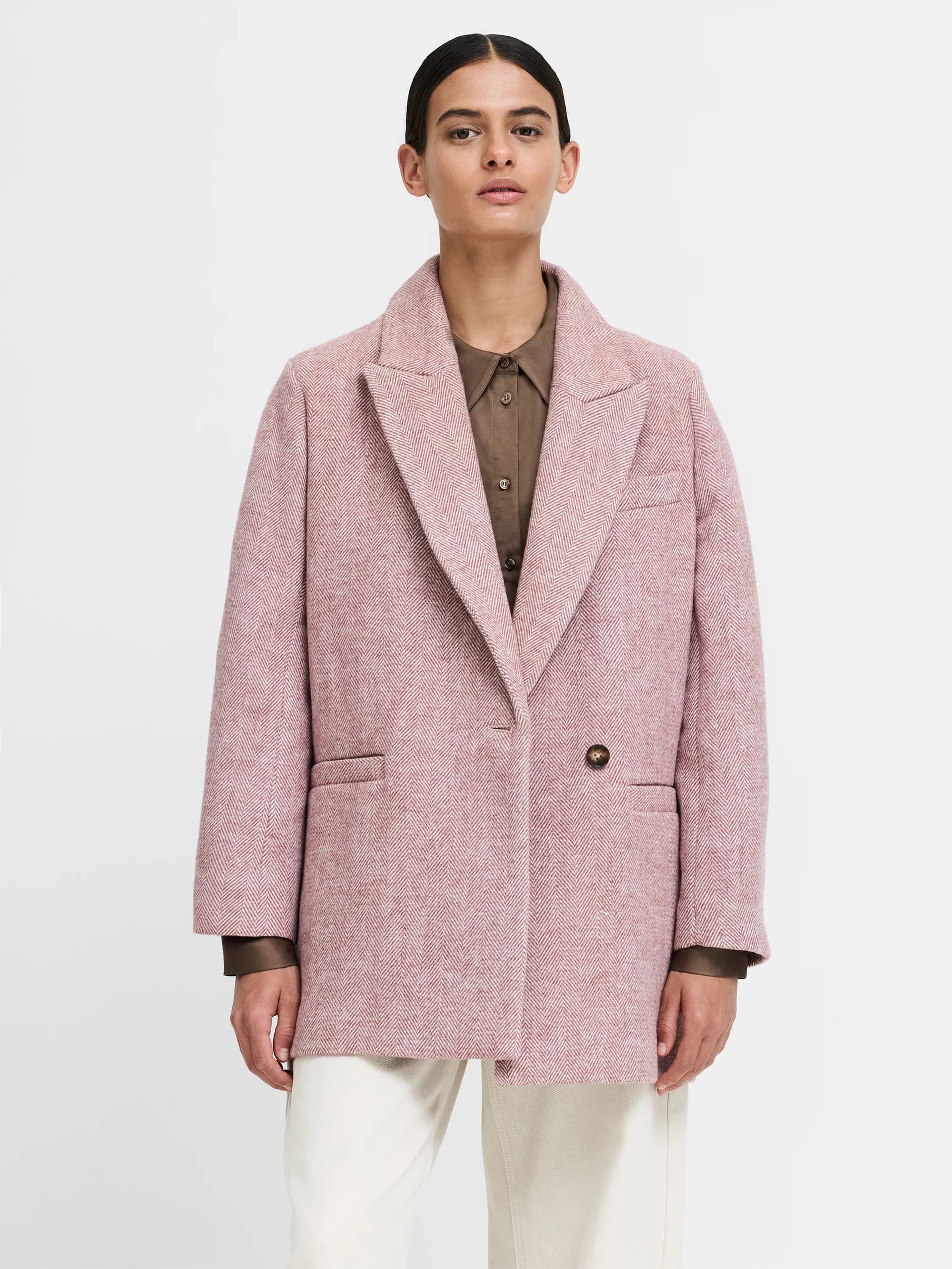 French Connection Torie Pink Chevron Wool Blend Tailored Coat Rose Pink