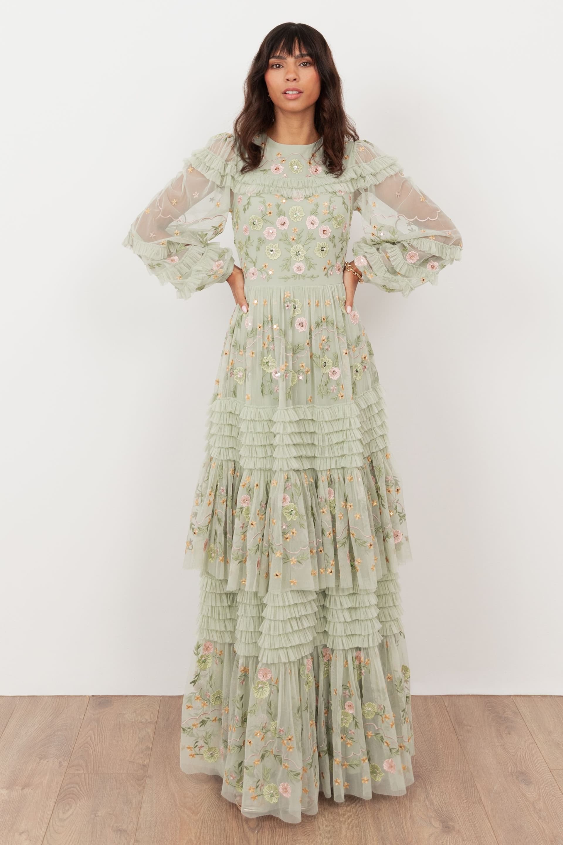 Maya Deluxe Maya Deluxe Women's Floral Embroidery Long Sleeve Frill Maxi Dress in Light Green