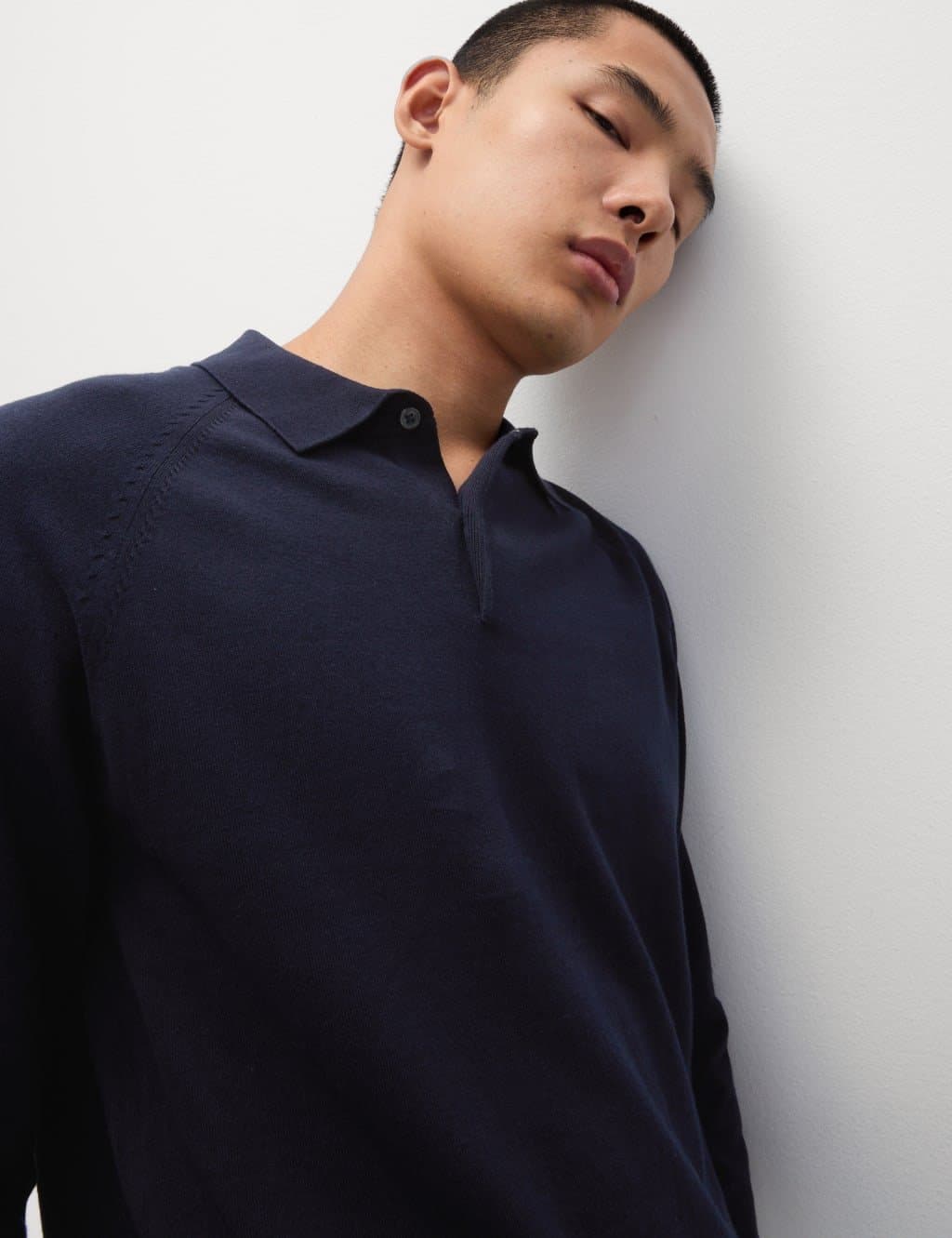 Marks & Spencer M&S Cotton Rich Knitted Polo Shirt Dark Navy