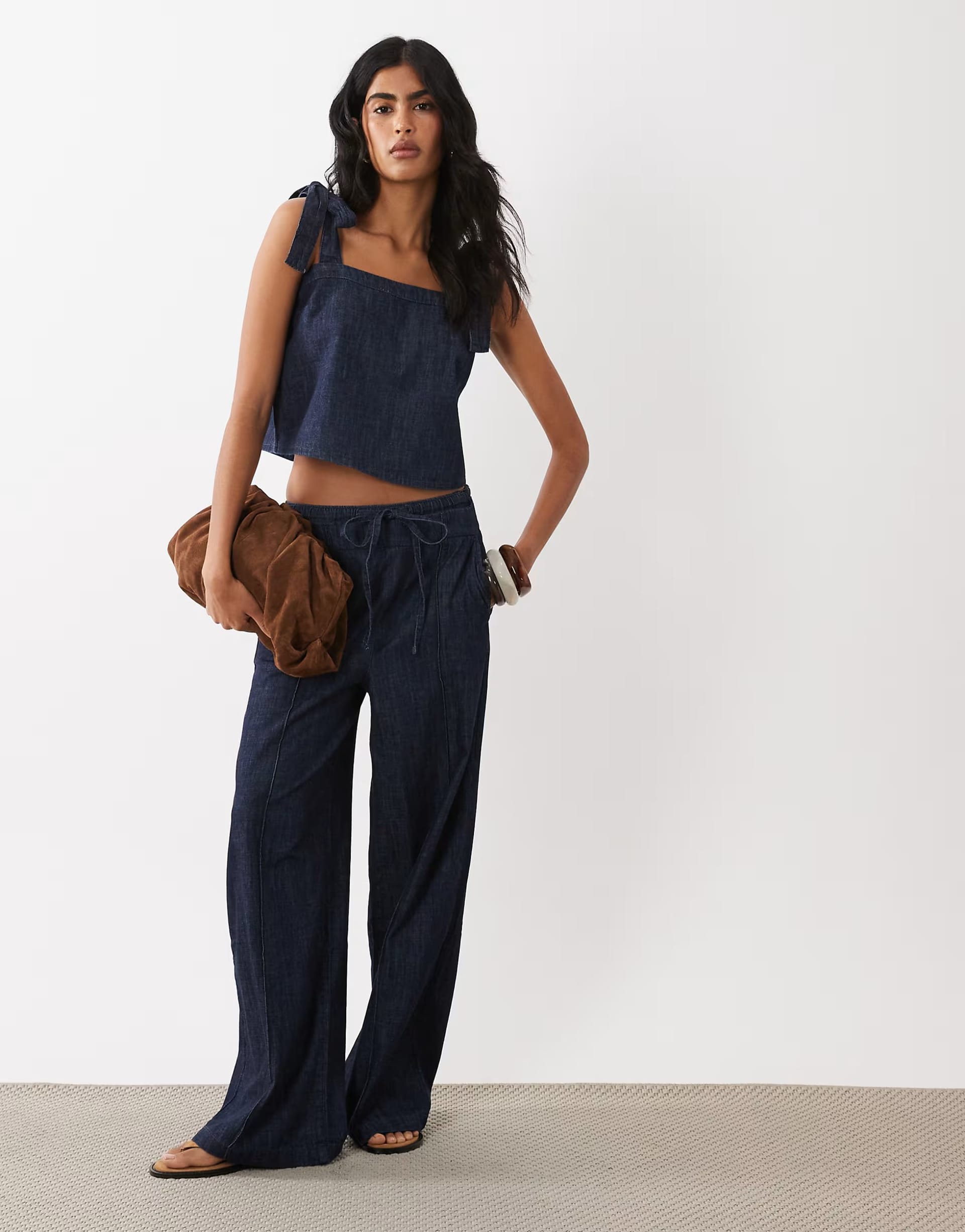 ASOS Indigo Denim Tie-Waist Pleated Wide-Leg Trouser Co-Ord