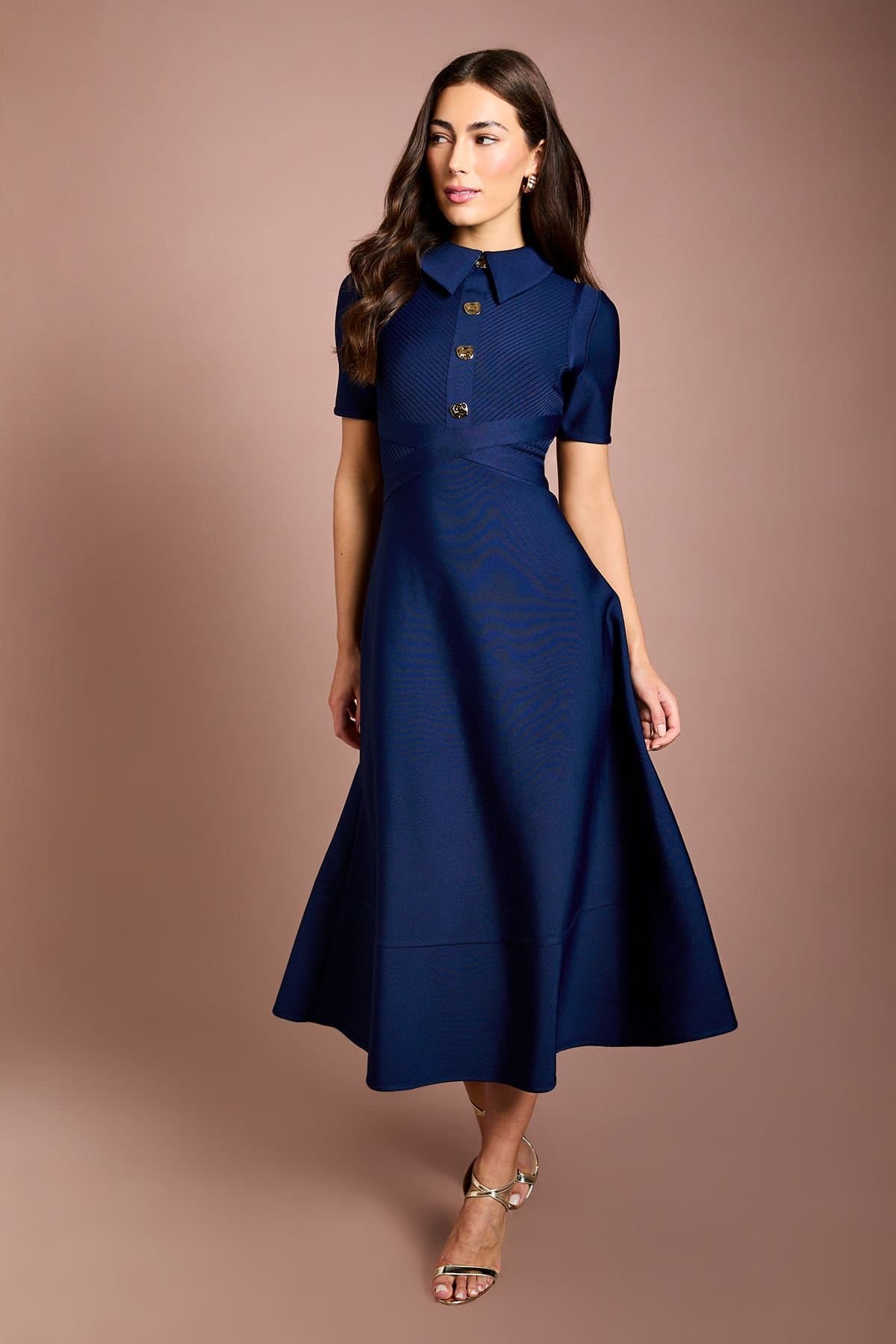 Coast Coast Women's Bandage Knit Short Sleeve Shirt Midi Dress in Navy
