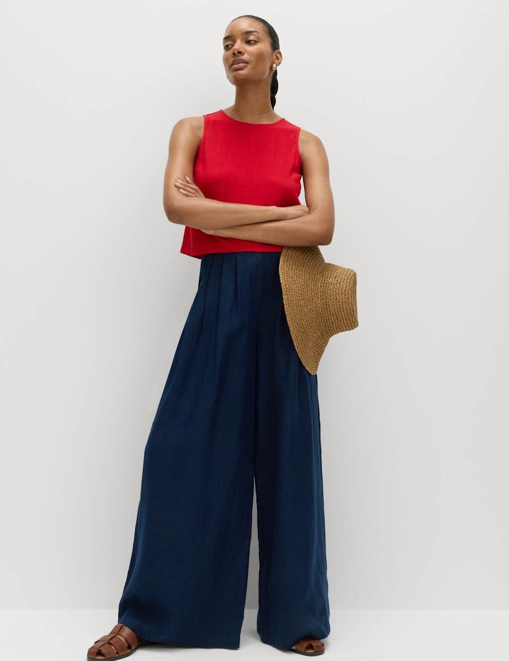 Marks & Spencer M&S Navy Linen Wide Leg Trousers