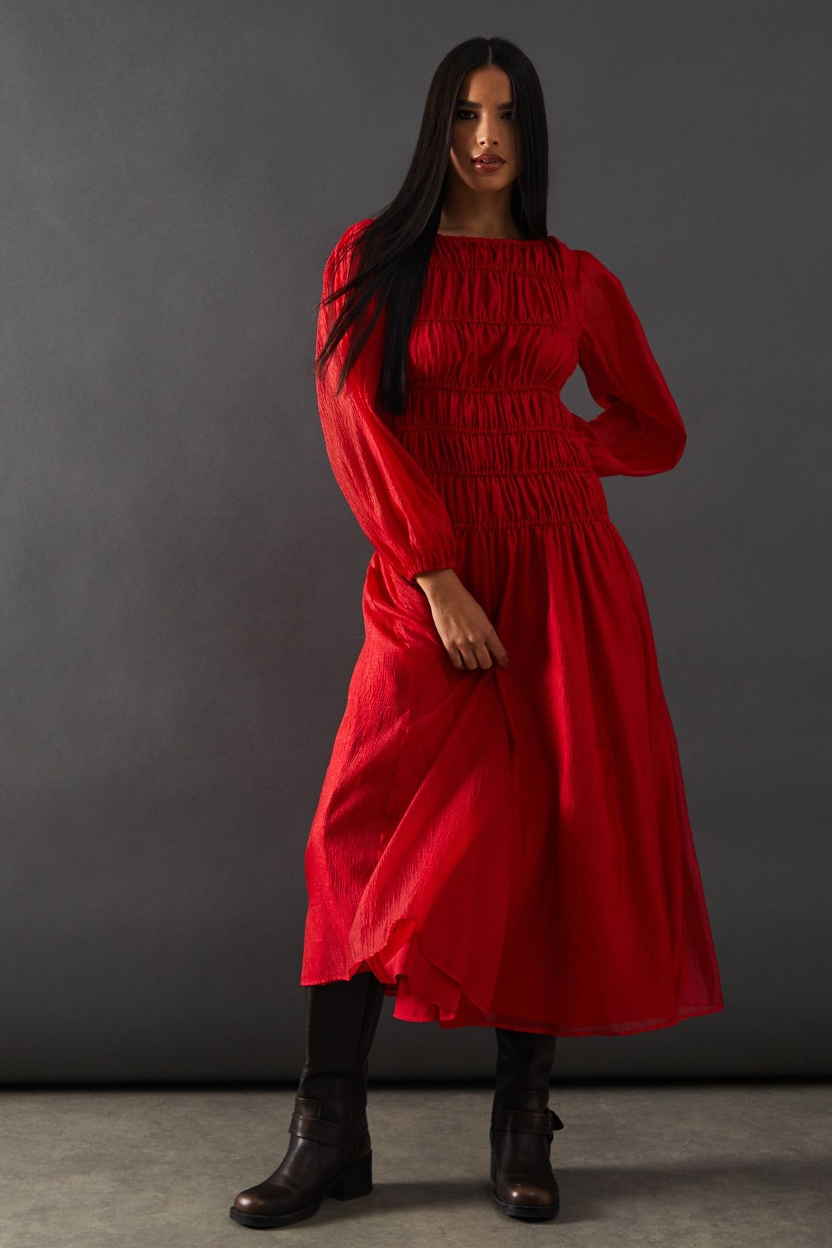 Warehouse Warehouse Women's Shirred Chiffon Panel Bodice Midi Dress in Dark Red - 2