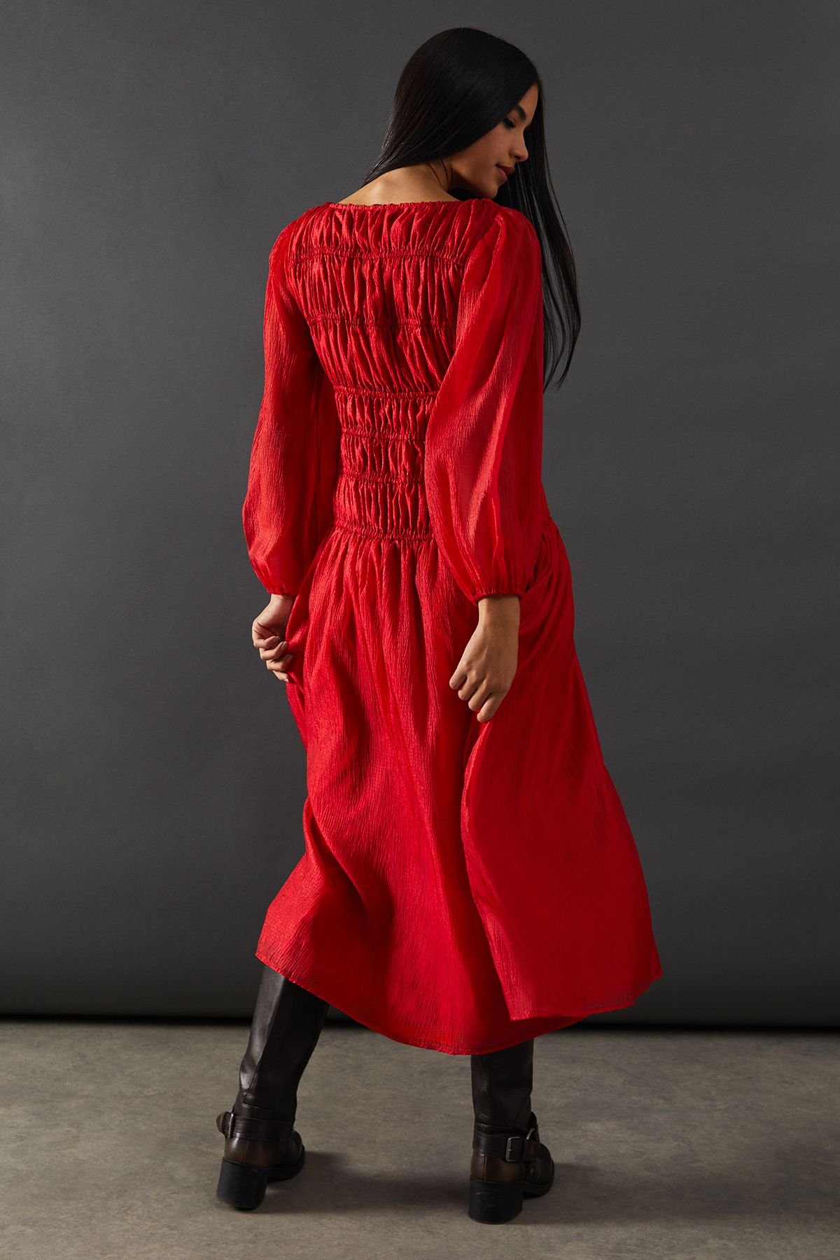 Warehouse Warehouse Women's Shirred Chiffon Panel Bodice Midi Dress in Dark Red - 3