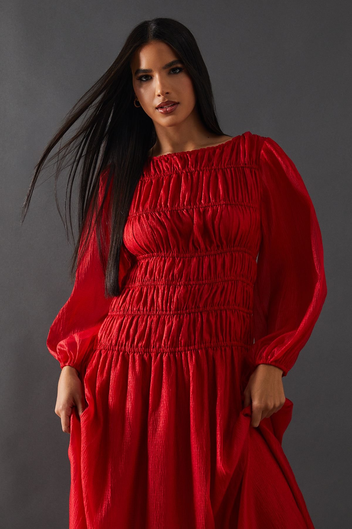 Warehouse Warehouse Women's Shirred Chiffon Panel Bodice Midi Dress in Dark Red - 4