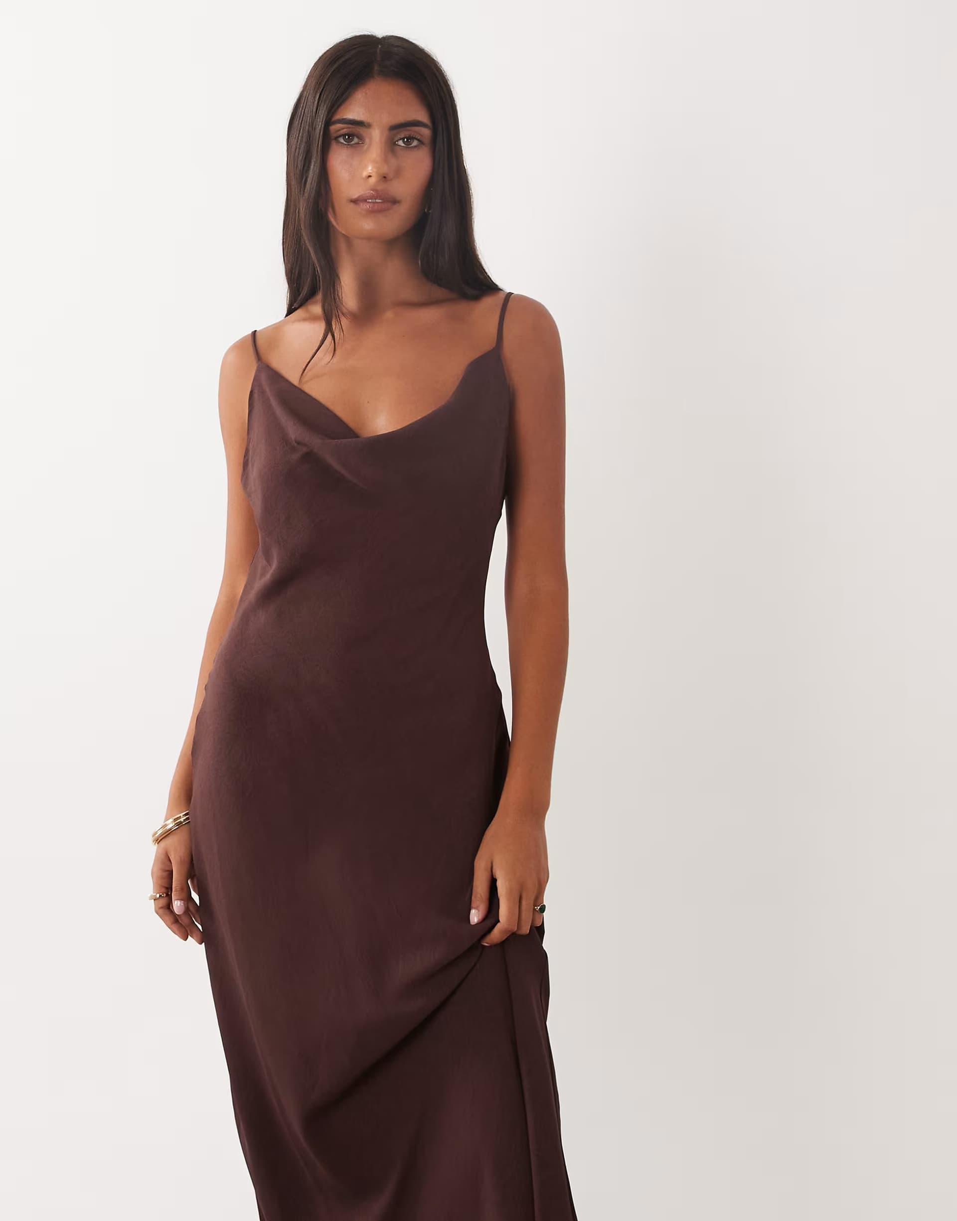 ASOS Mango cowl neck strappy satin midi dress in brown