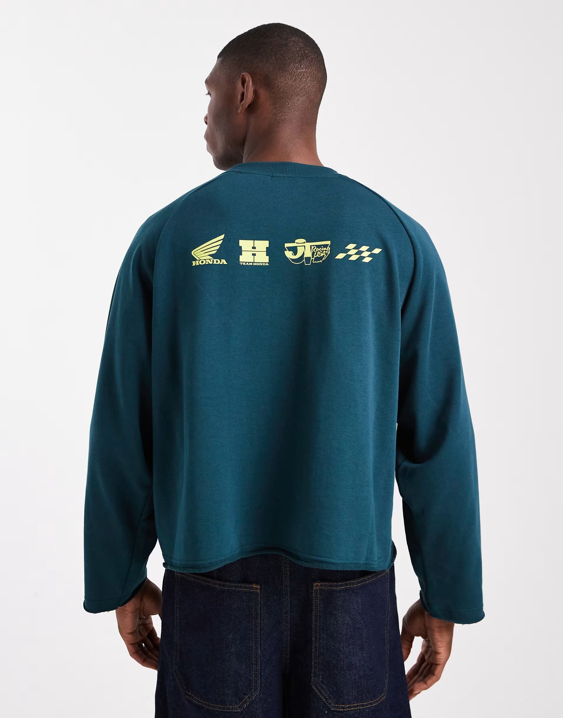 ASOS Cotton On Cropped Honda JT Racing Crew Fleece in Green