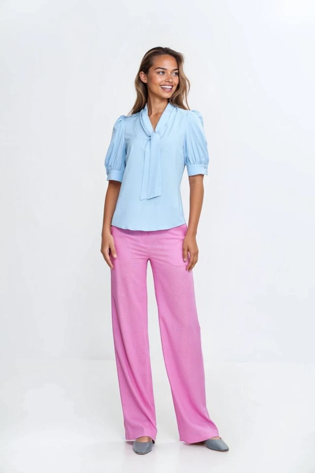 Love Lace Love Lace Women's Viscose V Neck Tie Blouse with Puff Sleeves in Blue - 2