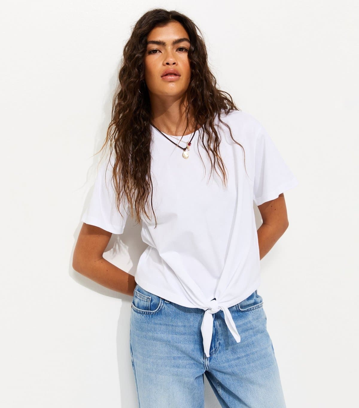 New Look Women's White Cotton Tie Front T-Shirt New Look