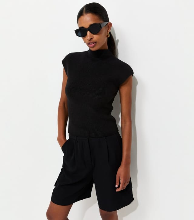 New Look Women's Black Ribbed Knit High Neck Cap Sleeve Top New Look - 2
