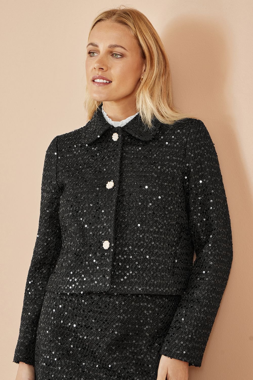Yumi Yumi Women's Black Boucle Sequin Jacket With Pearl Buttons - 4