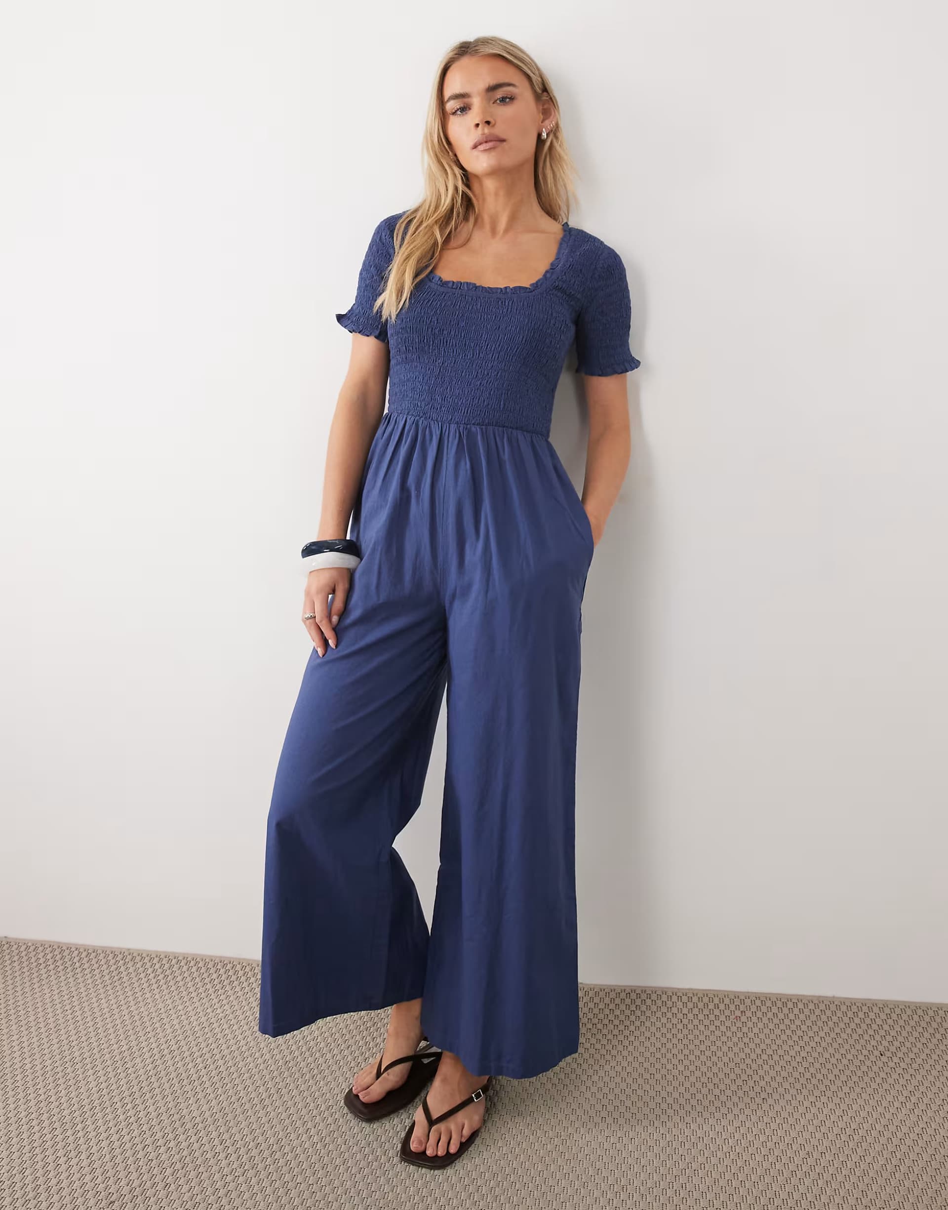 ASOS Nobody's Child Petite Zita cotton short sleeve shirred bodice wide leg jumpsuit in mid blue