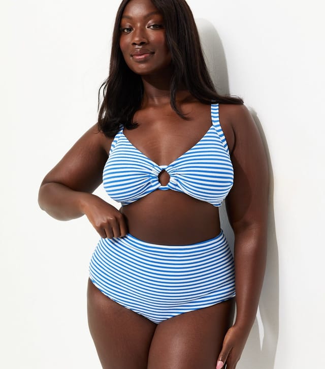New Look Women's Plus Size Blue Striped High Waist Bikini Bottoms Curves New Look - 2