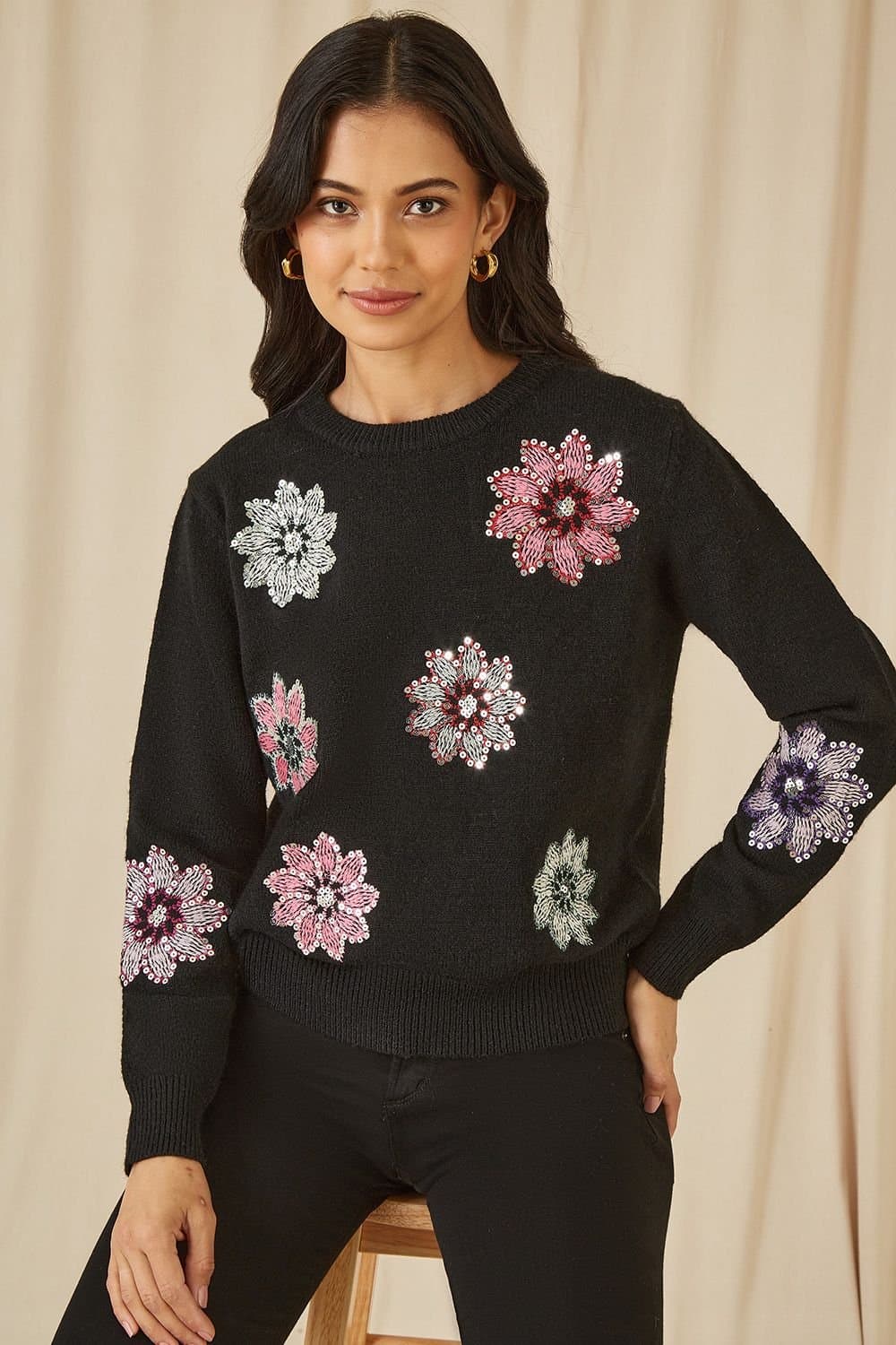 Mela Mela Women's Black Sequin Flower Jumper