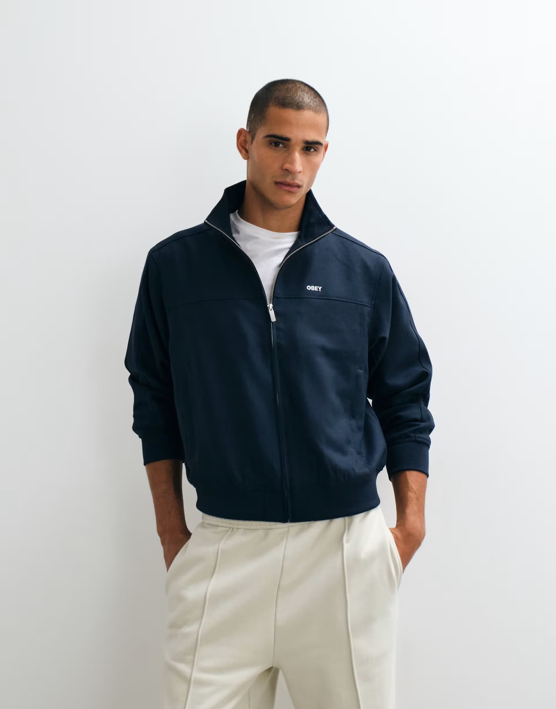 ASOS Obey logo tailored zip up track jacket in navy