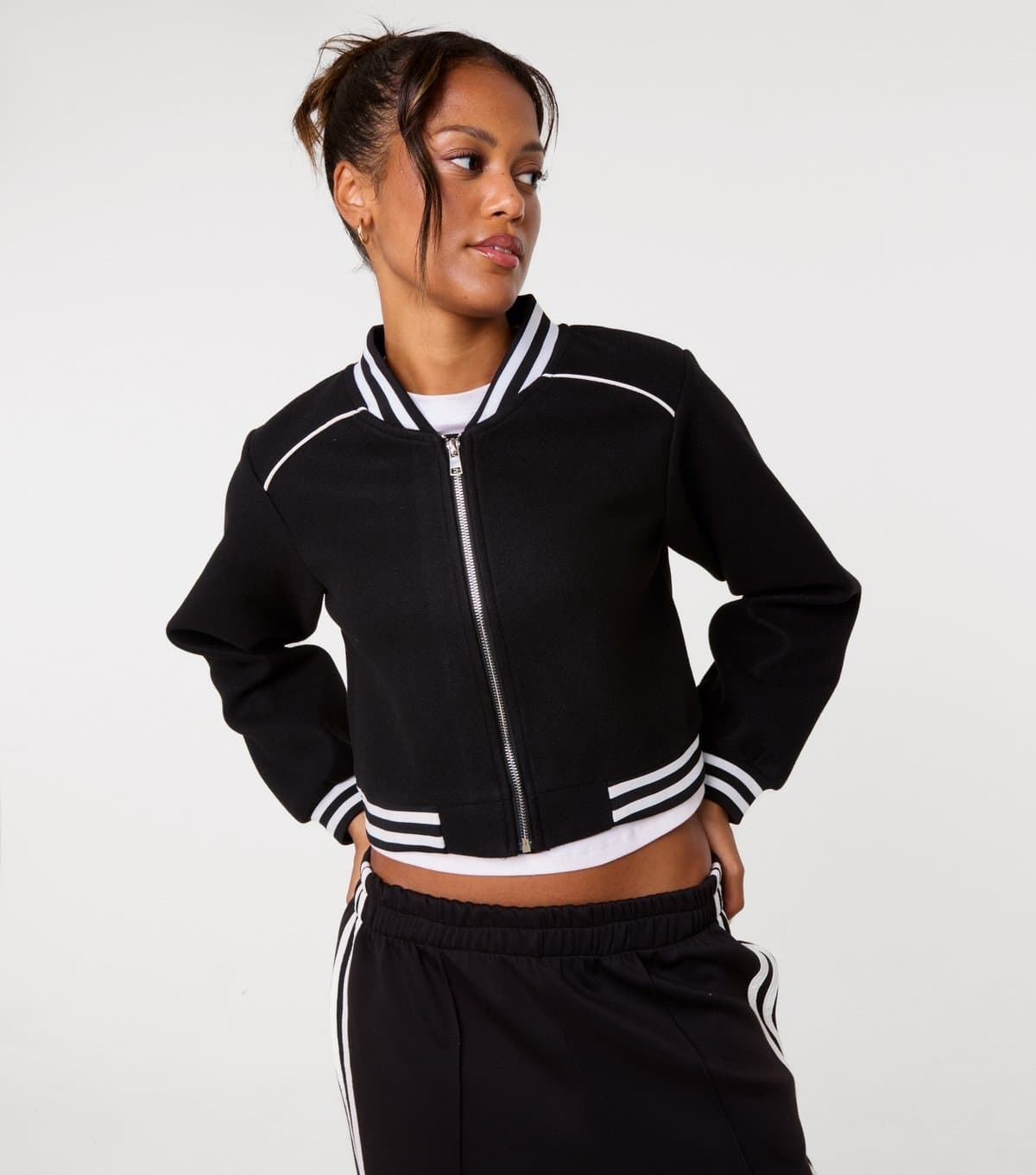 Pink Vanilla Women's Black Striped Trim Bomber Jacket Pink Vanilla New Look