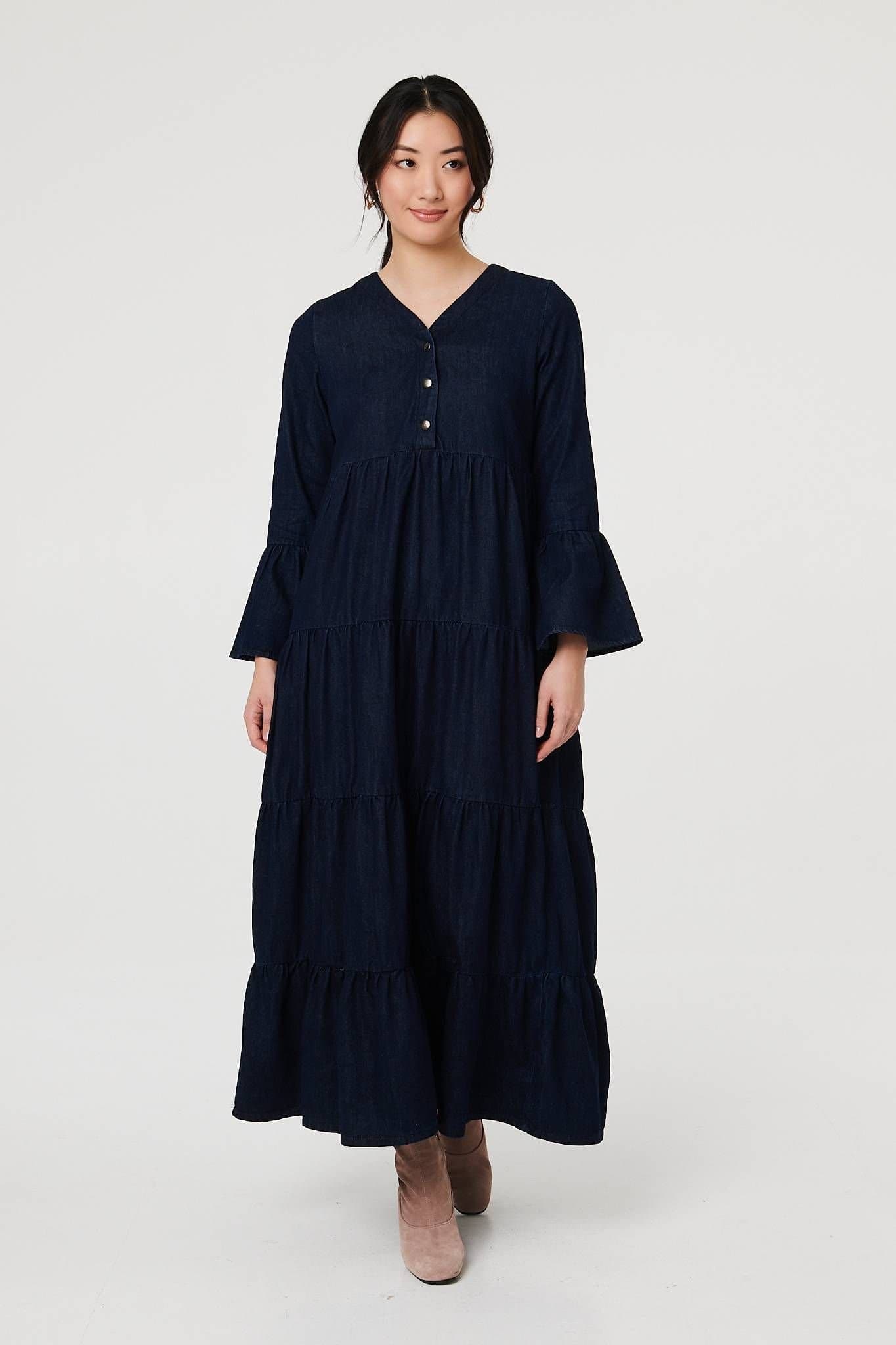 Izabel London Izabel London Women's Tiered Long Sleeve Relaxed Maxi Dress in Blue
