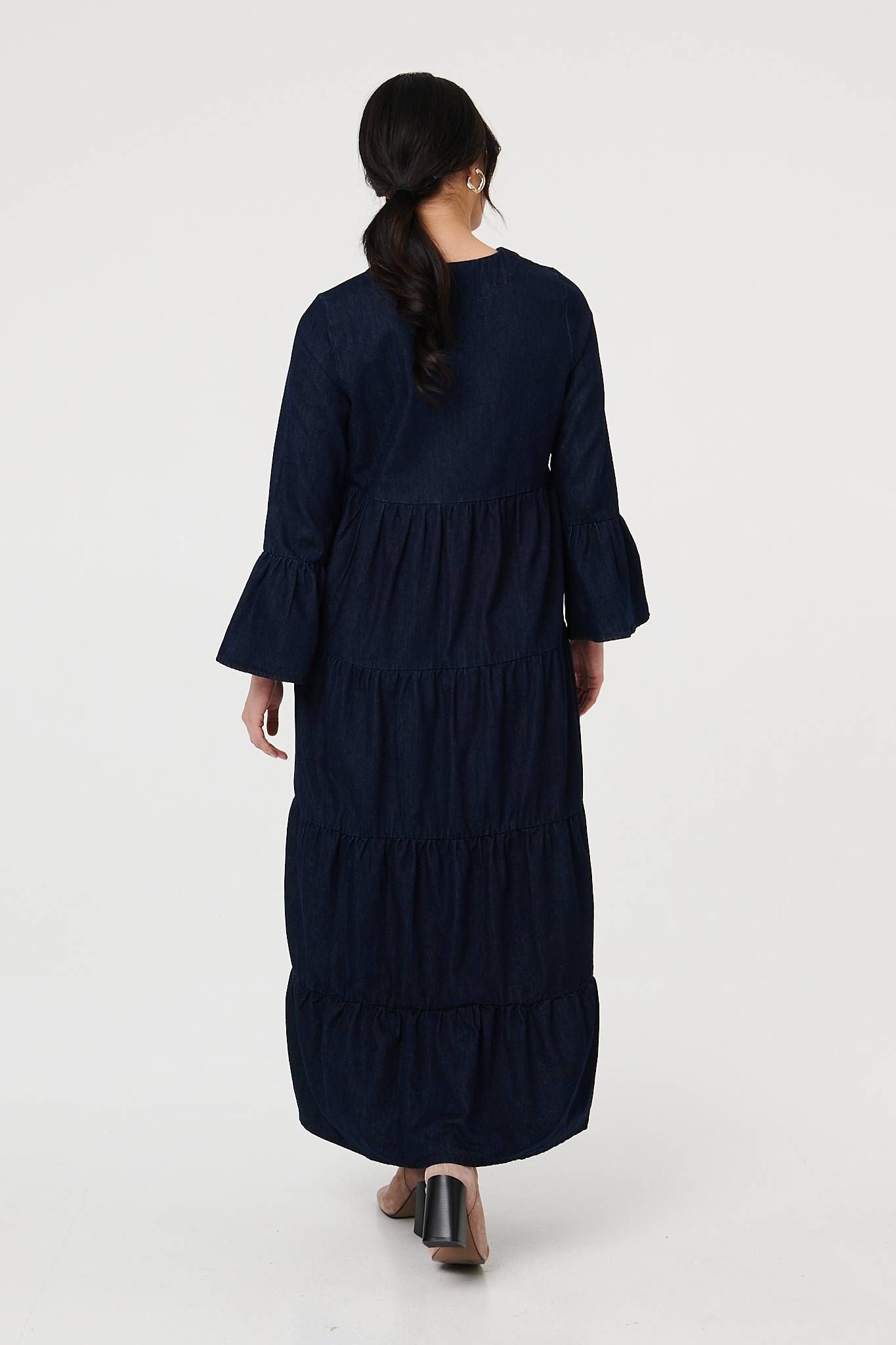 Izabel London Izabel London Women's Tiered Long Sleeve Relaxed Maxi Dress in Blue - 3