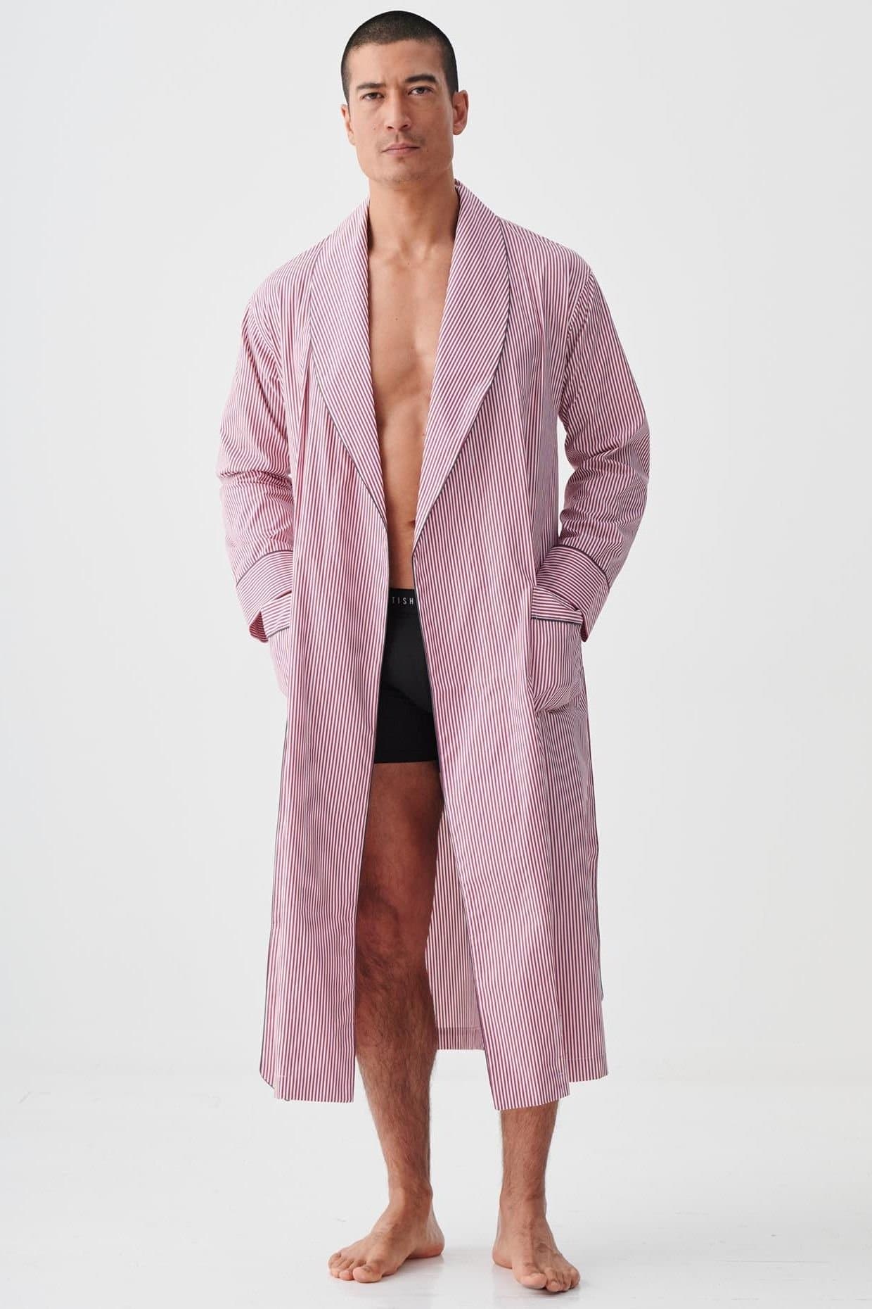 British Boxers British Boxers Men's "St James Red Pinstripe" Crisp Cotton Dressing Gown in Dark Red