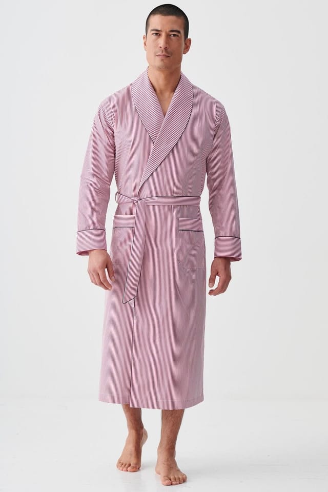 British Boxers British Boxers Men's "St James Red Pinstripe" Crisp Cotton Dressing Gown in Dark Red - 2