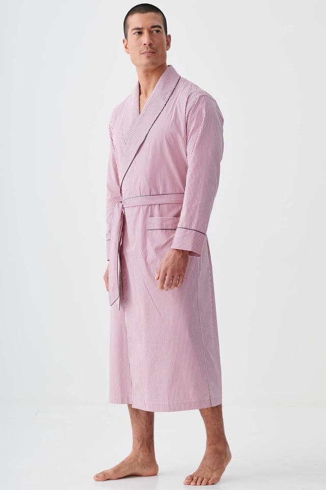 British Boxers British Boxers Men's "St James Red Pinstripe" Crisp Cotton Dressing Gown in Dark Red - 3