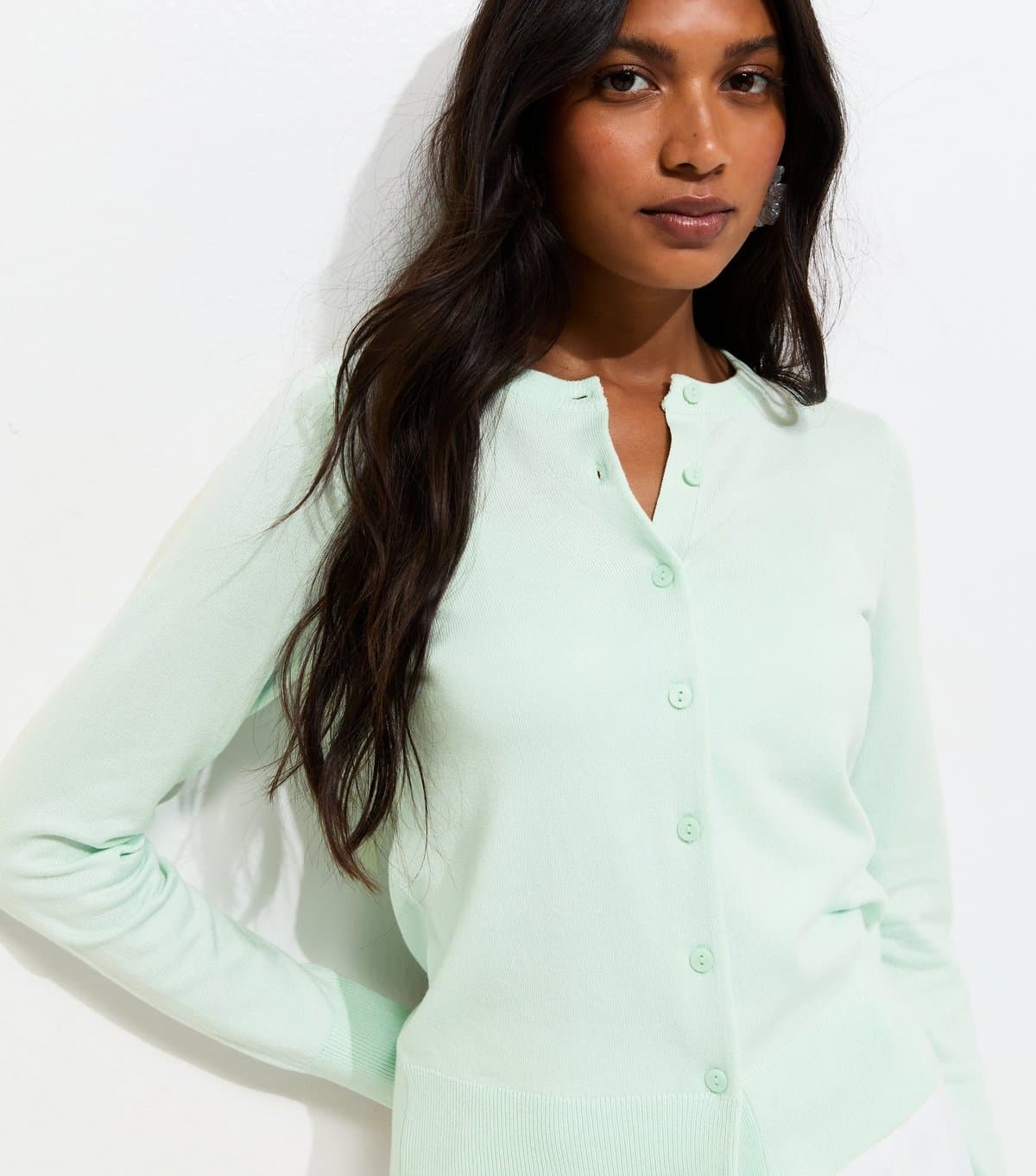 New Look New Look Mint Green Knit Crew Neck Button Up Cardigan
