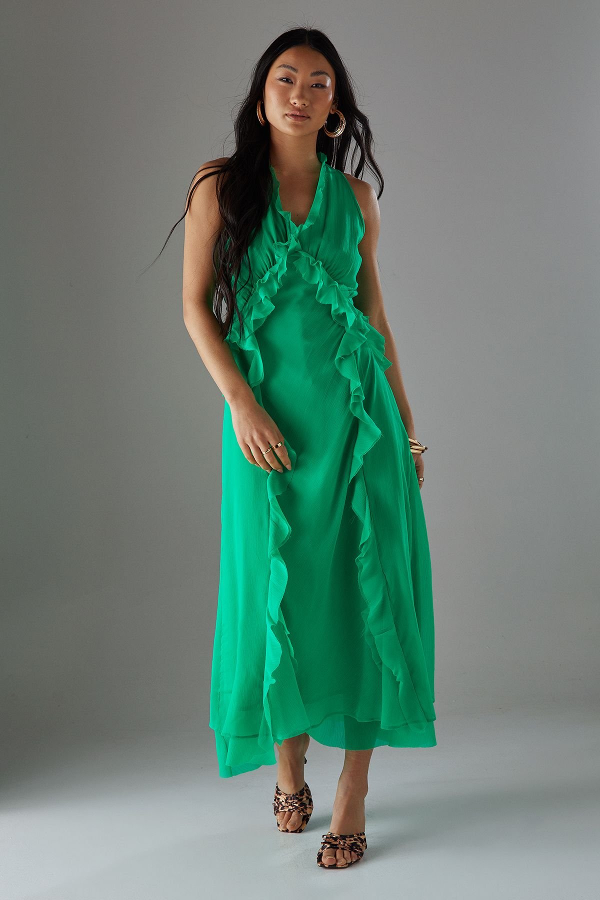 Warehouse Warehouse Women's Petite Premium Raw Edge Ruffle Detail Slip Dress in Bright Green - 2