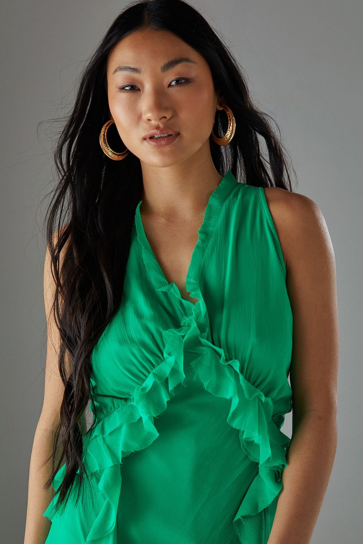 Warehouse Warehouse Women's Petite Premium Raw Edge Ruffle Detail Slip Dress in Bright Green - 3