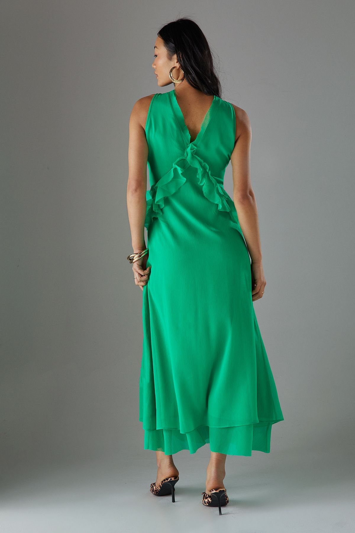 Warehouse Warehouse Women's Petite Premium Raw Edge Ruffle Detail Slip Dress in Bright Green - 4