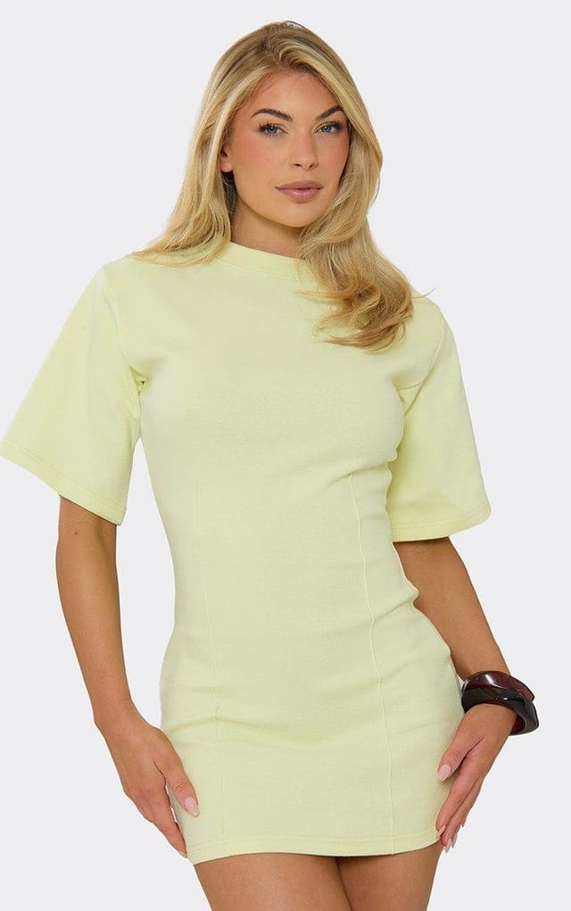EGO Short Boxy Sleeve Shoulder Pads Seam Detail Sweat Mini Dress In Lemon, Women's Size UK 6 - 2