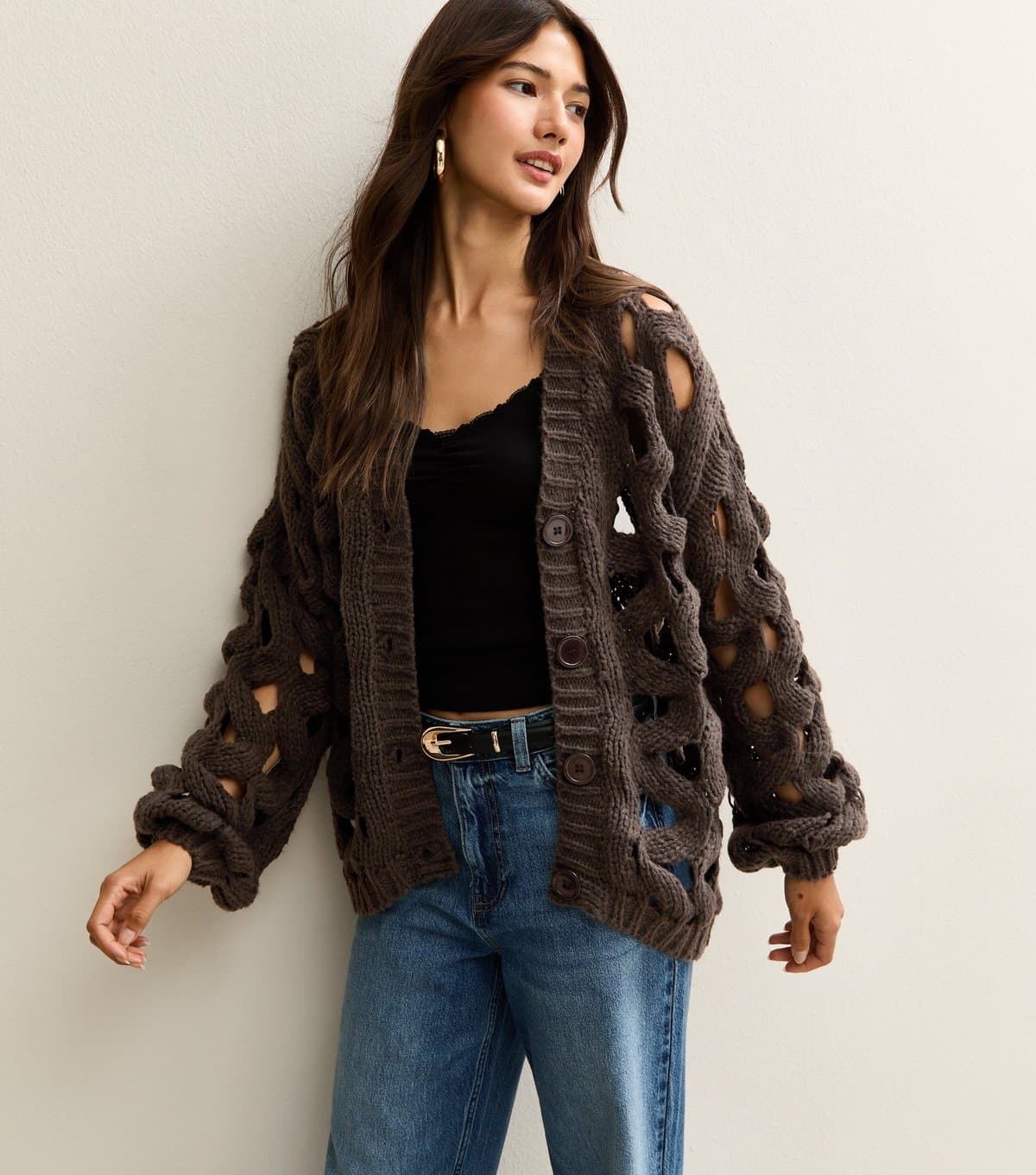 Gini London Women's Dark Brown Hollow Chunky Knit Cardigan Gini London New Look