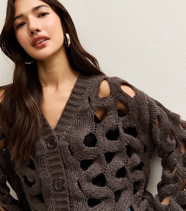 Gini London Women's Dark Brown Hollow Chunky Knit Cardigan Gini London New Look - 2
