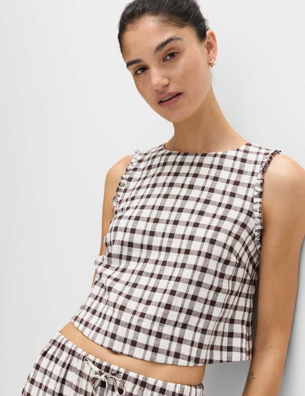Marks & Spencer M&S Linen Rich Gingham Vest Top Brown Mix