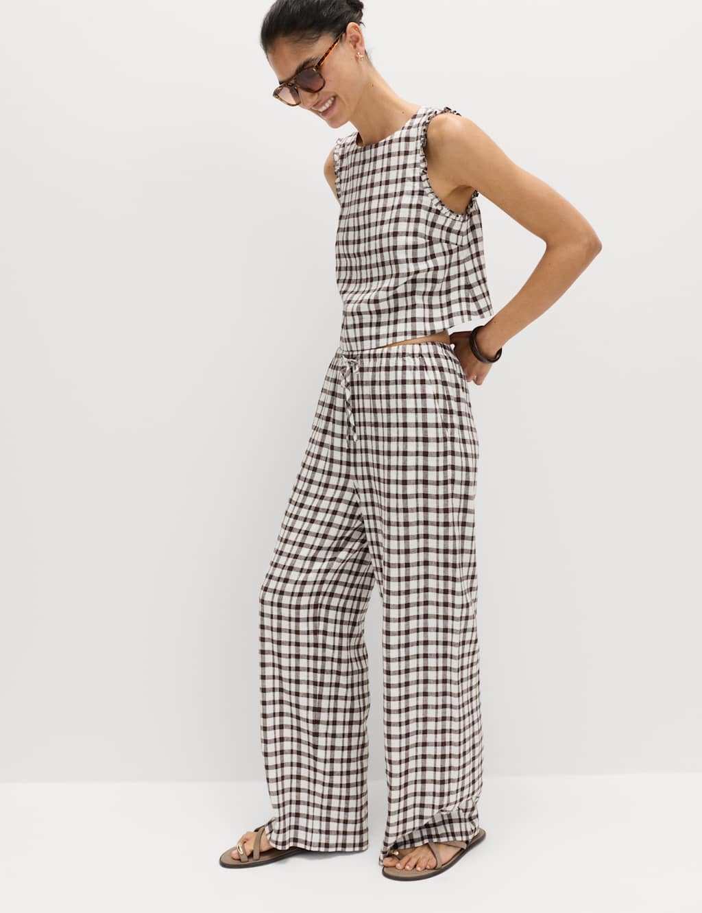 Marks & Spencer M&S Linen Rich Gingham Vest Top Brown Mix - 2