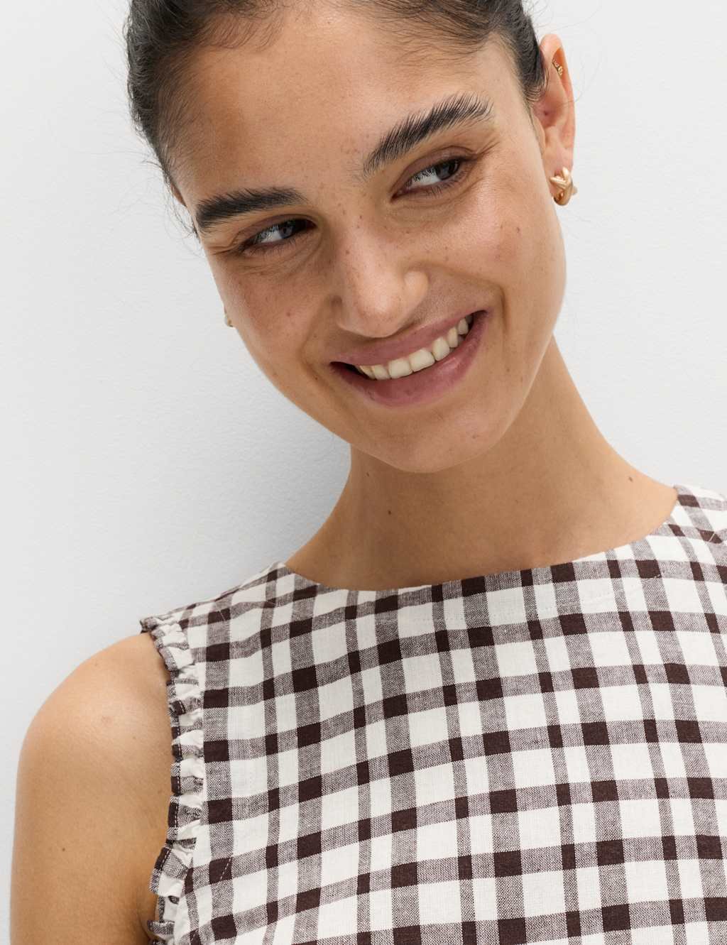 Marks & Spencer M&S Linen Rich Gingham Vest Top Brown Mix - 3