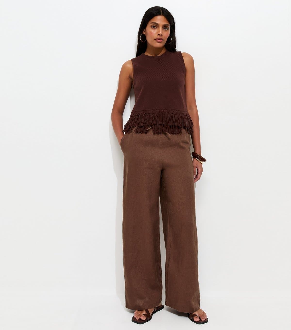 New Look Women's Dark Brown Linen Wide Leg Trousers New Look
