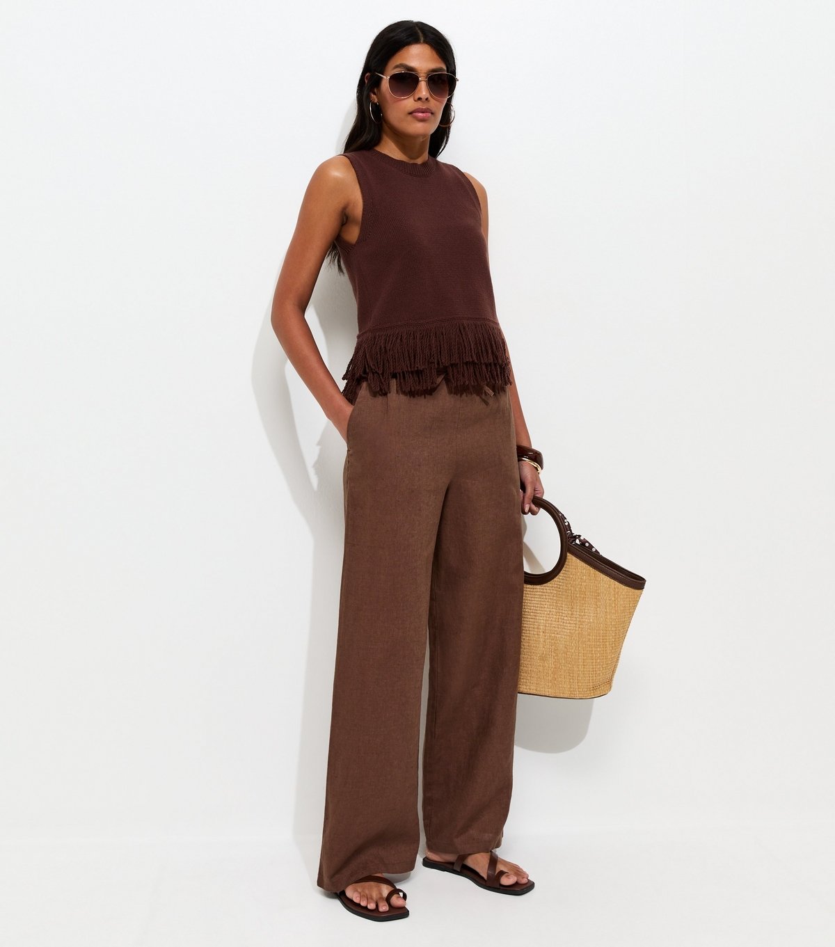 New Look Women's Dark Brown Linen Wide Leg Trousers New Look - 2