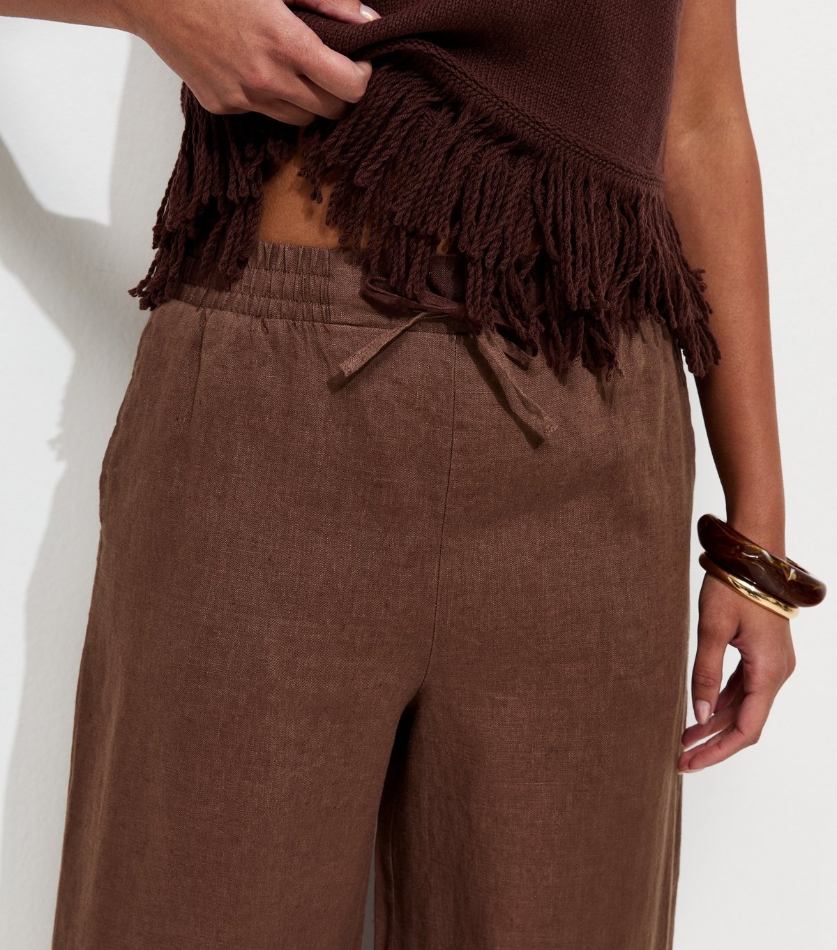 New Look Women's Dark Brown Linen Wide Leg Trousers New Look - 3