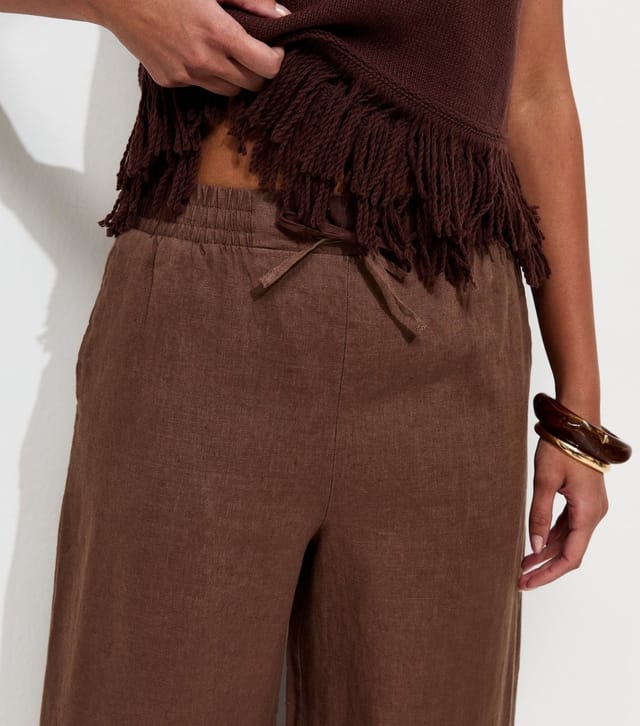New Look Women's Dark Brown Linen Wide Leg Trousers New Look - 3