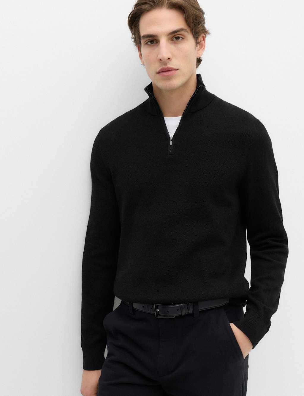 Marks & Spencer M&S Pure Cotton Textured Half Zip Jumper Black