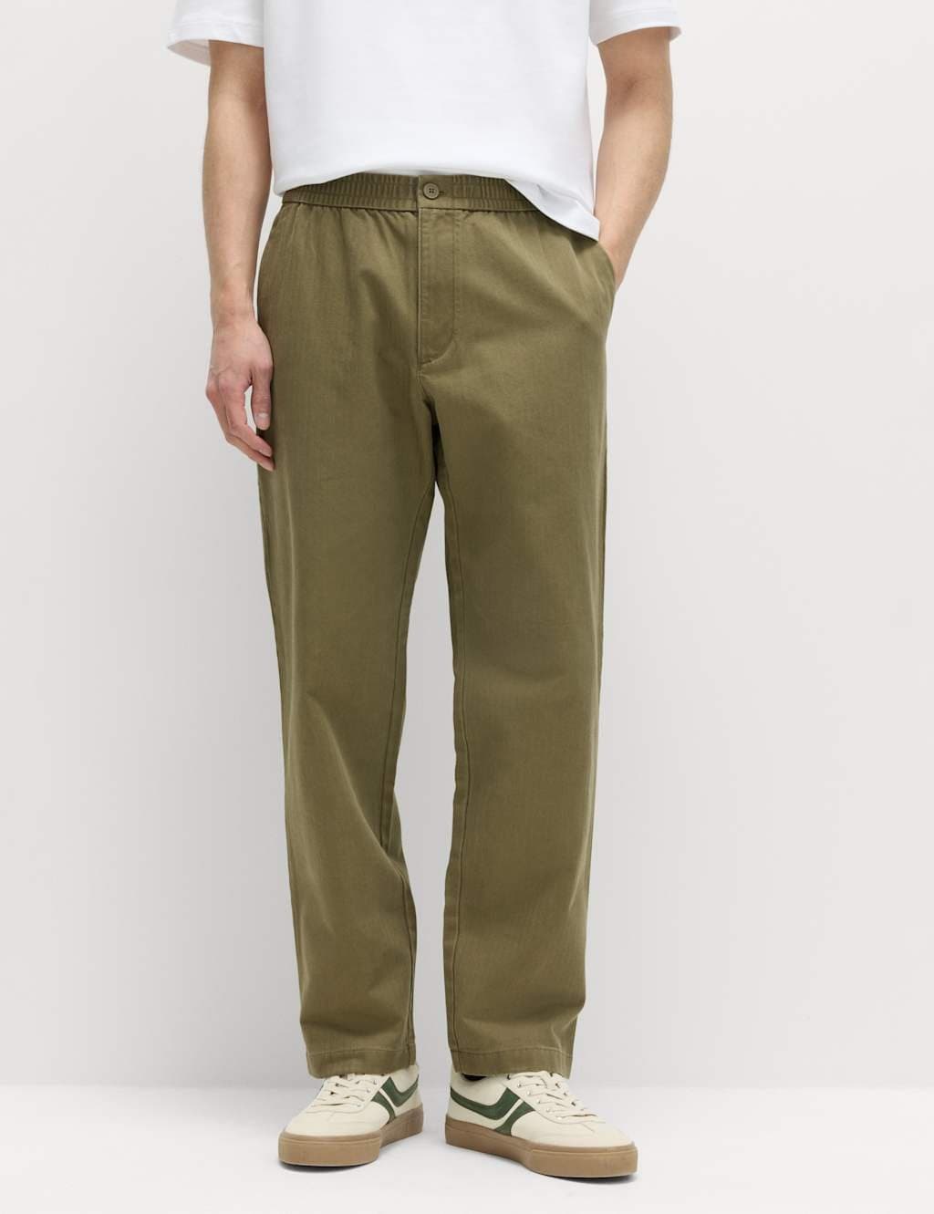 Marks & Spencer M&S Pure Cotton Herringbone Trousers Khaki