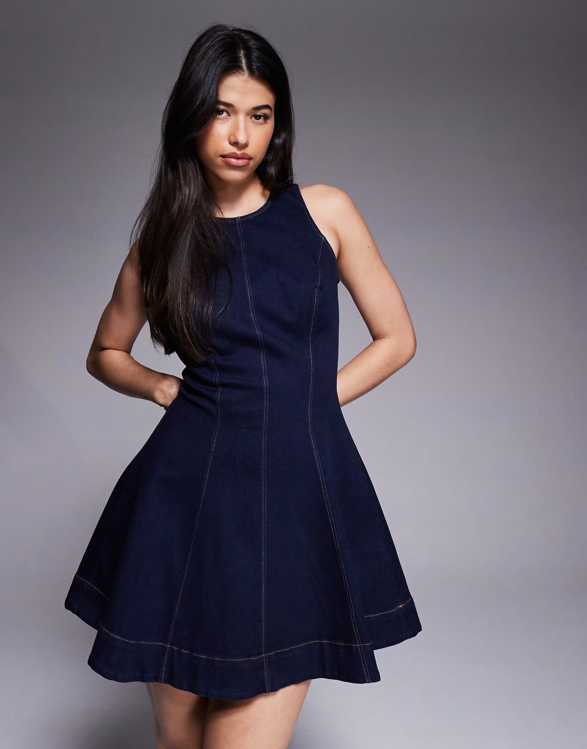 ASOS Bardot Palmer denim racer neck seam detail fit and flare full skirt mini dress in dark blue